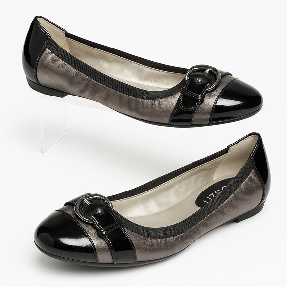 Liz & Co Cap-Toe Buckle Leather Ballet Flats Size 7.5M | Metallic Chic Feminine - Picture 1 of 8